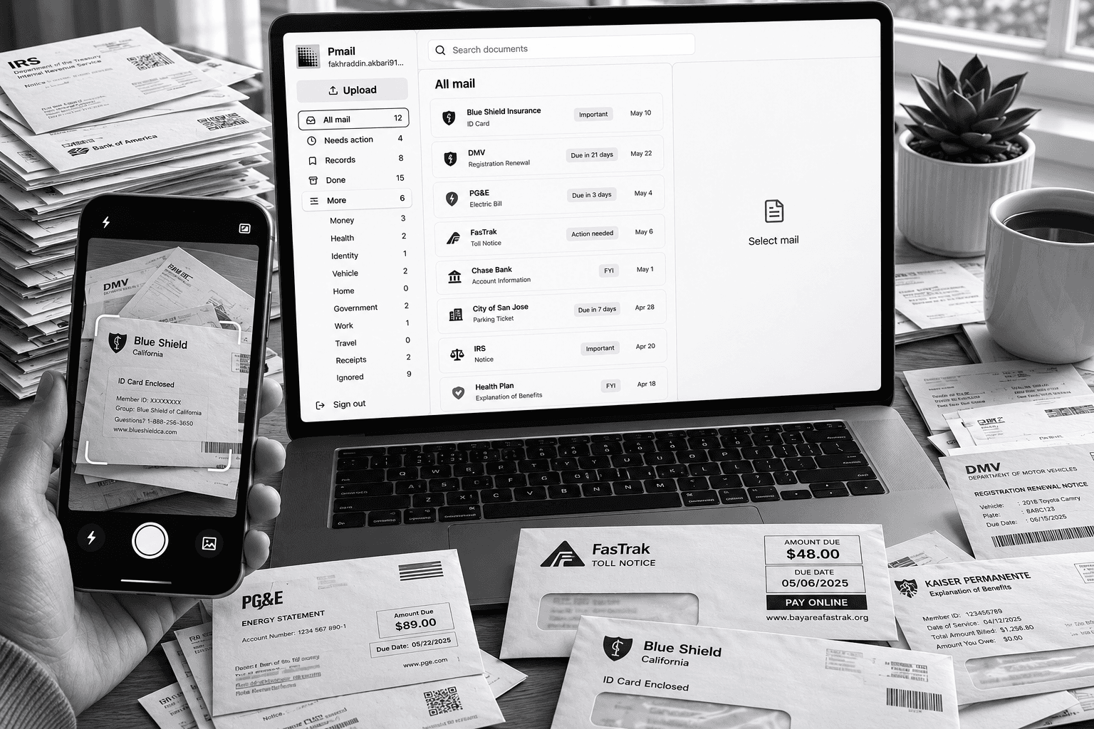 Pmail organizing physical mail on a desk